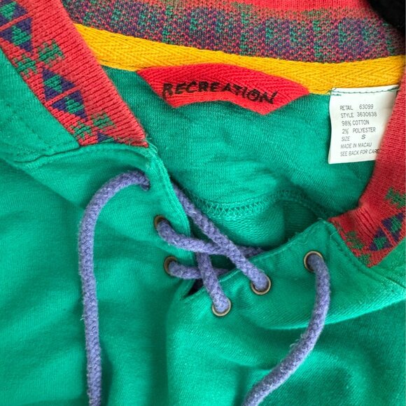 Vintage Recreation Green Lace-Up Sweatshirt Boho Aztec Collar Holiday Xmas S - Picture 4 of 6